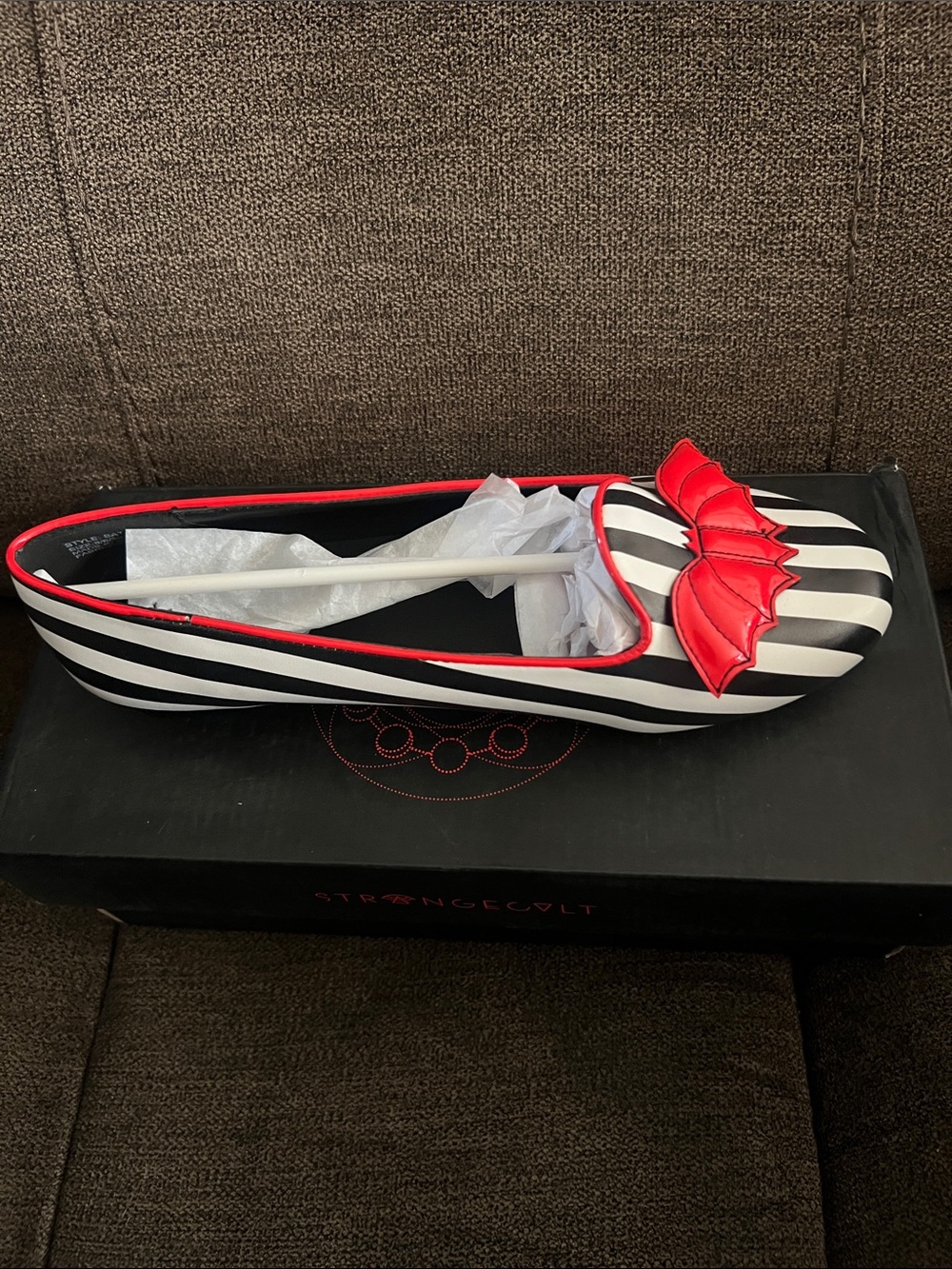 Strangecvlt Black & White Stripe Ballet Flat with Red Trim size 8